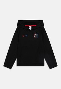 Black hooded sweatshirt with a front pocket, featuring a red and blue Nike logo and a colorful FC Barcelona crest. Soft, textured fabric.