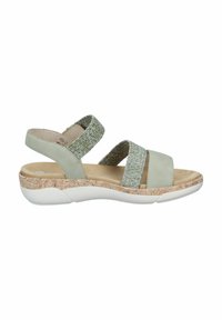 Sandal in pelle verde e tessuto texturizzato con due fasce larghe, soletta imbottita e suola decorata. Design leggero e con punta aperta.