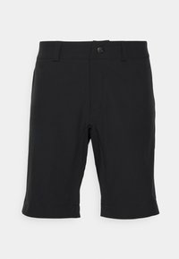 Pantalones cortos negros de tela suave, con cierre de botón en la parte delantera, presillas para cinturón y puños doblados. Diseño simple sin patrones adicionales.