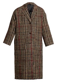 Lungo cappotto a scacchi nei toni beige, nero e rosso. Realizzato in tessuto texturizzato con chiusura a un bottone e due ampie tasche.
