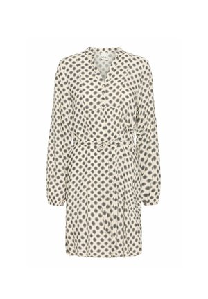 Kemična obleka v kremni barvi s črnim spiralnim pikčastim vzorcem, dolgimi rokavi, zategnjenim pasom in mehkim materialom. Ima ovratnik v obliki črke V.