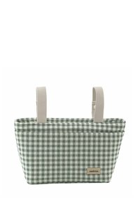 Bolsa de tela a cuadros verdes y blancos con asas beige. Forma rectangular con una base plana, que presenta una pequeña etiqueta de logo en el lateral.