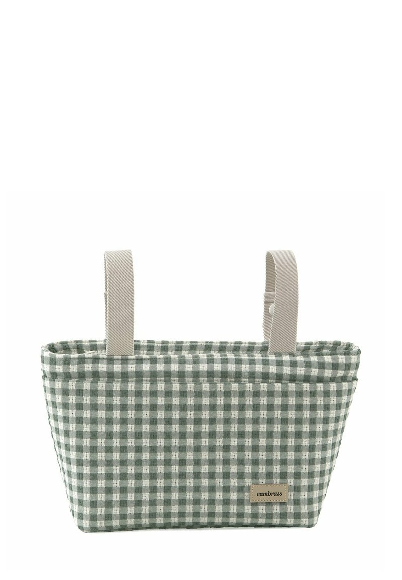 Bolsa de tela a cuadros verdes y blancos con asas beige. Forma rectangular con una base plana, que presenta una pequeña etiqueta de logo en el lateral.