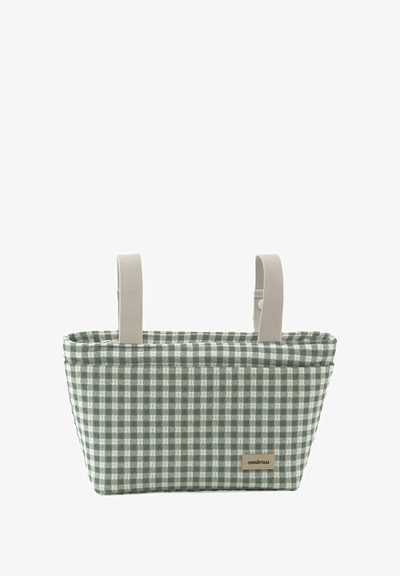 Bolsa de tela a cuadros verdes y blancos con asas beige. Forma rectangular con una base plana, que presenta una pequeña etiqueta de logo en el lateral.