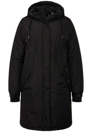 Parka nera con cappuccio realizzata in materiale liscio e imbottito, dotata di zip frontale, tasche laterali e polsini elasticizzati per calore e comfort.