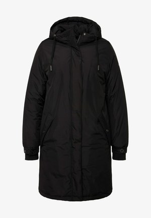 Schwarzer Kapuzenparka aus glattem, gepolstertem Material mit einem Reißverschluss auf der Vorderseite, Seitentaschen und elastischen Bündchen für Wärme und Komfort.