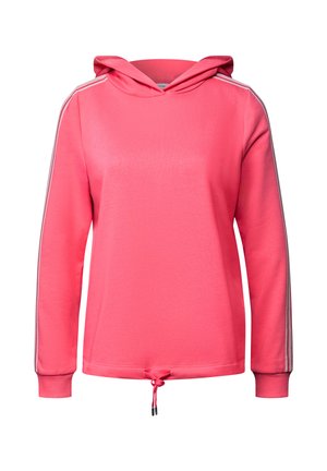 Pink hooded sweatshirt with long sleeves, featuring contrasting side stripes and a drawstring hem for adjustable fit. Smooth fabric texture.