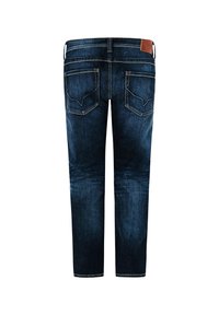 Mörkblå denimjeans med rak passform, som har två bakfickor med vinklade klaffar och en läderpatch i midjan.