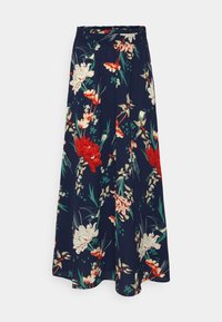 Gonna maxi floreale in blu navy scuro, con vivaci motivi botanici rossi e verdi, cintura elastica e tessuto morbido.