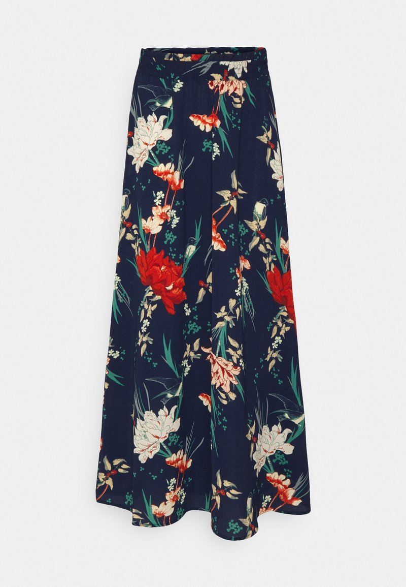 Gonna maxi floreale in blu navy scuro, con vivaci motivi botanici rossi e verdi, cintura elastica e tessuto morbido.