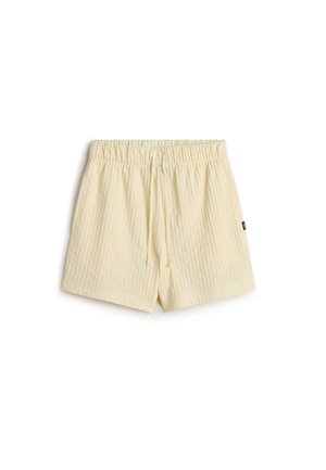 Light yellow shorts with a textured, ribbed design, elastic waistband, and drawstring. Features a small black logo on the side.