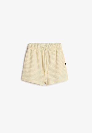 Hellgelbe Shorts mit strukturiertem, geripptem Design, elastischem Bund und Kordelzug. Es gibt ein kleines schwarzes Logo an der Seite.