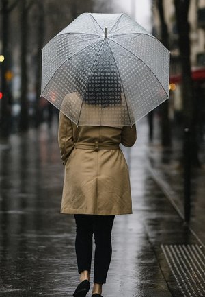 Klare, kuppelförmige Regenschirm mit strukturierten Oberflächen. Brauner Trenchcoat, dunkle Hosen und schwarze Schuhe; nasser Bürgersteig spiegelt die umgebenden Lichter wider.