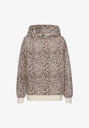 Leopard print sweatshirt in beige and brown, featuring a hood, long sleeves, and ribbed cuffs and hem, made from soft fabric.