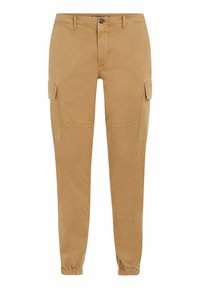 Tan cargo broek met een rechte pasvorm, omgeslagen zoom, zijzakken en een knoopsluiting. Gemaakt van een gladde, duurzame stof.