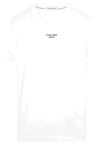 Bílý bavlněný tričko s kulatým výstřihem a krátkými rukávy. Černý text "Calvin Klein Jeans" umístěný uprostřed na hrudi.