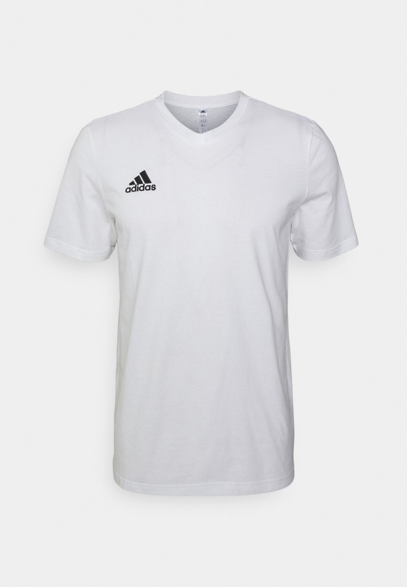 Balta medvilninė marškinėliai su V formos iškirpte, trumpomis rankovėmis ir juodu Adidas logotipu kairėje krūtinės pusėje. Paprastas ir lengvas dizainas.
