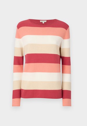 Striped pullover sweater in shades of red, pink, beige, and cream. Features long sleeves and a round neckline with a soft, knitted texture.