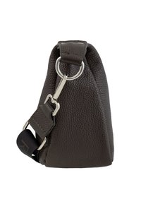 Brown leather bag with a textured surface, triangular shape, silver hardware, and a detachable shoulder strap.