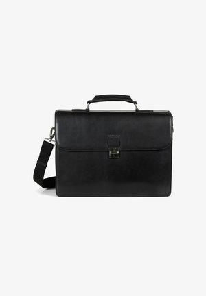 Mallette en cuir noir avec poignée supérieure, serrure à loquet avant, et bandoulière amovible sur fond blanc.