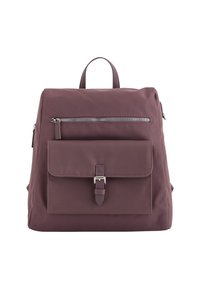 Dunkelmaulbeertfarbener Rucksack mit glattem Stofffinish, mit Reißverschluss versehenem Vorderfach und einer Vorderklappe, die mit einem metallischen Verschluss gesichert ist. Doppelte obere Griffe.