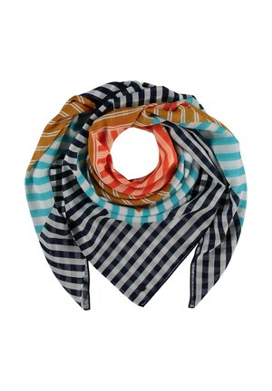 Une écharpe multicolore aux rayures bleu marine, blanches, turquoise et orange, disposées en carreaux et en bandes qui se chevauchent, sur fond blanc.