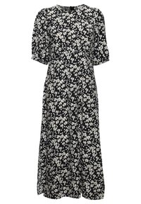 Robe à imprimé floral avec un fond noir et de petites fleurs blanches, manches courtes bouffantes, décolleté rond et une silhouette flottante.