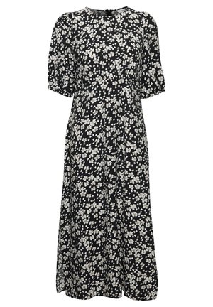 Blumenmusterkleid mit schwarzem Hintergrund und kleinen weißen Blumen, kurzen puffigen Ärmeln, runder Halslinie und fließender Silhouette.