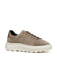Sneaker in suede beige con suola bianca spessa, punta rotonda, accento del tallone marrone e occhielli dorati per i lacci. Superficie testurizzata e design imbottito.