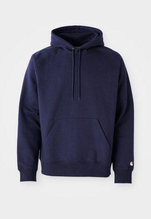 Navy blue pullover hoodie made of soft fabric. Features a kangaroo pocket, drawstring hood, and ribbed cuffs. Accented with logo on sleeve.