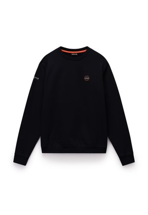 Black sweatshirt with long sleeves, ribbed cuffs and hem, round neck, small logo on chest, and orange inner collar detail. Soft material.