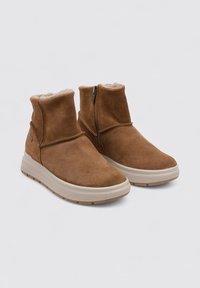 Botas de tobillo de ante marrón con un suave forro de piel de pelaje, cierre de cremallera en un lado y suela de goma crema. Diseño de perfil bajo.