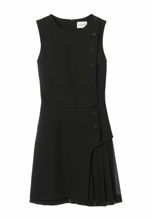 Vestido negro sin mangas con un cuerpo ajustado, grandes botones en el lateral y una falda plisada, con una sutil capa transparente en el dobladillo.