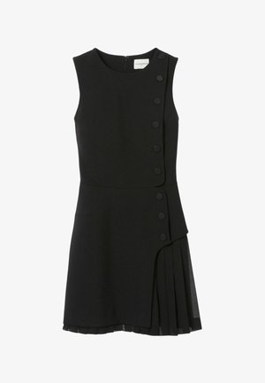 Robe noire sans manches avec un corps ajusté, de grands boutons sur le côté et une jupe plissée, avec un subtil voile transparent à l'ourlet.