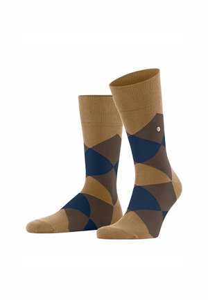 Chaussettes marron et bleu marine avec un motif géométrique, présentant une couleur unie en haut, inclinées pour l'affichage.