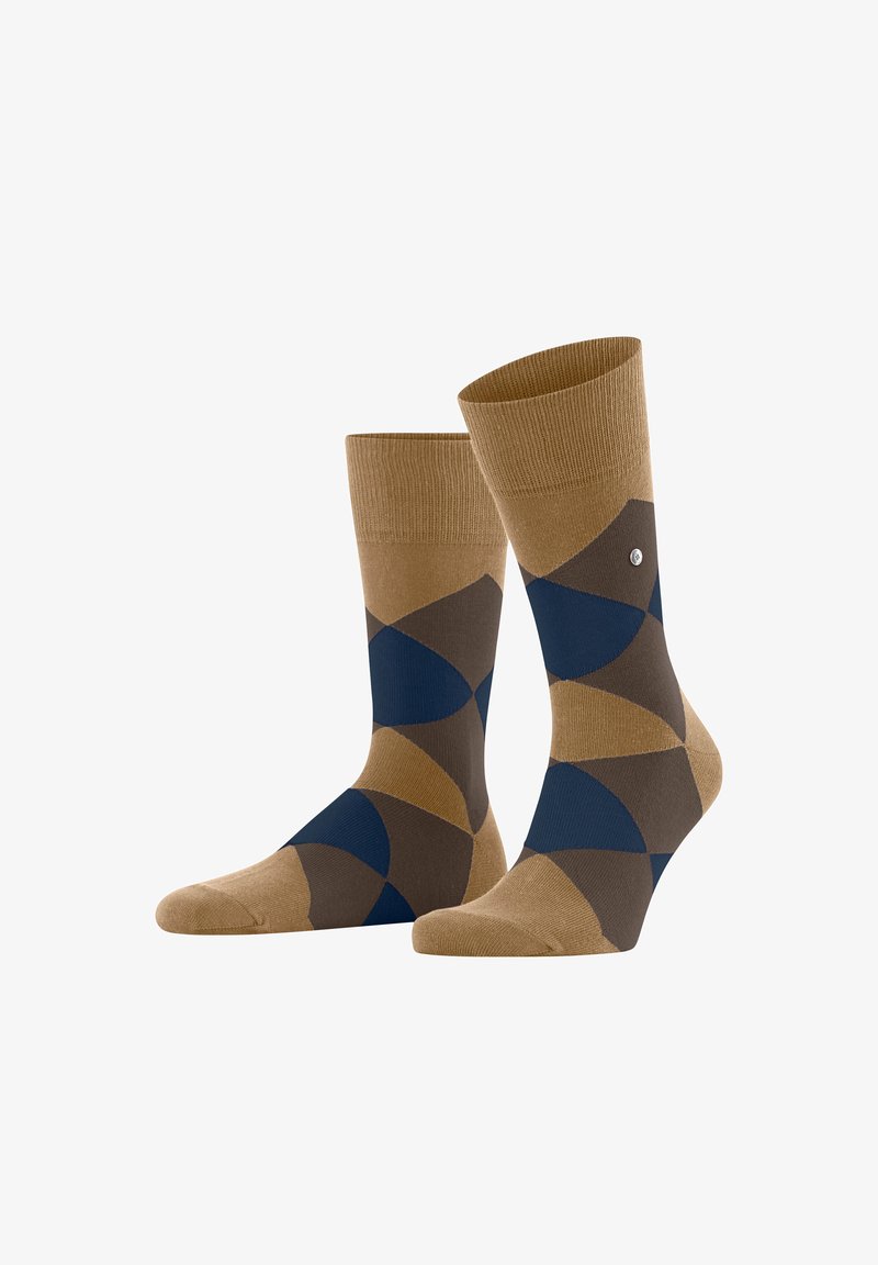 Calze a righe marroni e blu con motivi geometrici e un colore solido nella parte superiore, angolate per la visualizzazione.