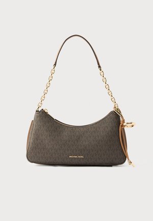 Brown monogram fabric shoulder bag with a gold-tone chain and leather strap. Features a zip closure and branded logo on the front.