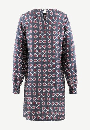 Long-sleeve dress with navy, white, and maroon geometric star pattern, back keyhole button closure, and buttoned cuffs.