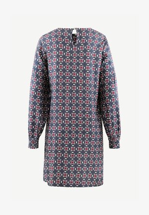 Long-sleeve dress with navy, white, and maroon geometric star pattern, back keyhole button closure, and buttoned cuffs.