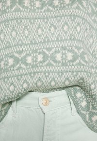 Hellgrüner gestrickter Pullover mit einem weißen geometrischen Muster, kombiniert mit hellgrünen Hosen mit sichtbarem Knopfverschluss.