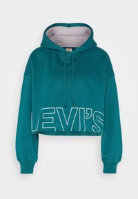 Sweat à capuche court couleur bleu sarcelle avec intérieur gris, arborant un grand logo blanc "LEVI'S" sur le devant et des cordons ajustables au niveau de l'encolure.