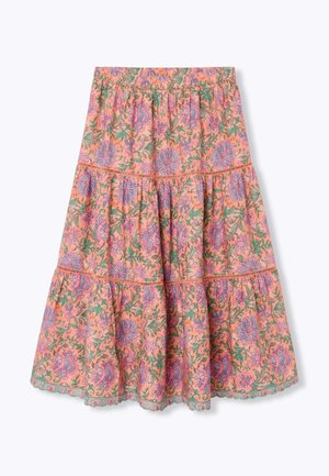 Jupe à étages couleur pêche avec motifs floraux roses et violets et feuilles vertes, avec bordure en dentelle à l'ourlet.