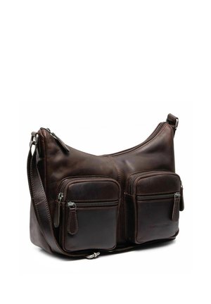 Dunkelbraune Leder-Schultertasche mit zwei vorderen Reißverschlusstaschen und verstellbarem Riemen.