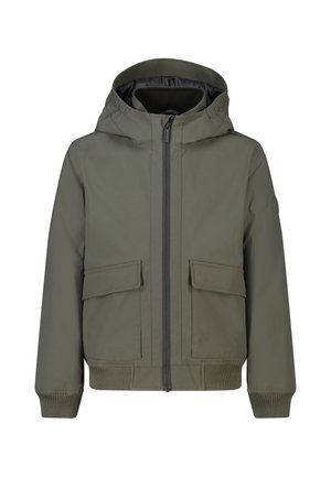 Veste à capuche vert olive avec fermeture éclair à l'avant, deux poches à rabat et poignets et ourlet côtelés.