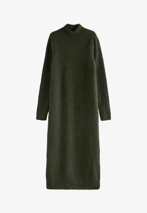 Groene gebreide jurk met een hoge halslijn, lange mouwen en een tekstuur in het lichaam. De jurk heeft geribbelde accenten op de mouwen en de zoom.
