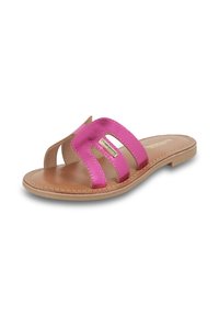 Sandalo in metallo rosa con due ampie cinghie, design aperto all'avampiede e una soletta liscia beige. Presenta dettagli cuciti lungo il bordo.