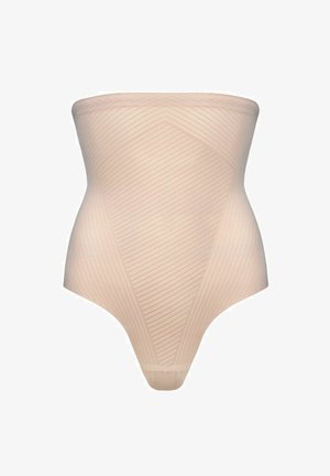 Nude bezramkowy bodysuit wykonany z gładkiego materiału, z ukośnym prążkowanym wzorem i dopasowanym krojem z designem nawiązującym do stringów.