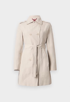 Beige trench coat made of smooth fabric, featuring a double-breasted front, belted waist, shoulder epaulets, and long sleeves.