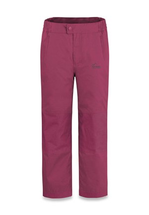 Burgunderfarbene Outdoor-Hosen mit elastischem Bund, Knopfverschluss und Taschen; aus robustem Stoff mit verstärkten unteren Teilen.