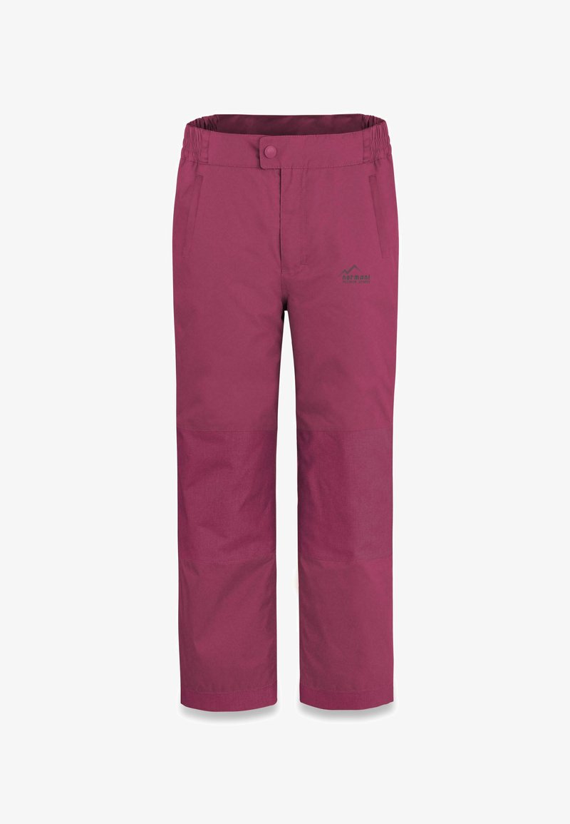 Burgunderfarbene Outdoor-Hosen mit elastischem Bund, Knopfverschluss und Taschen; aus robustem Stoff mit verstärkten unteren Teilen.